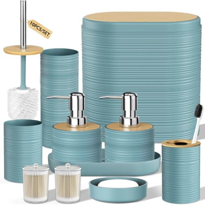 XLHOMO Light Blue Bathroom Set - 10PC Bathroom Accessories Set, Luxury Bathroom Accessory Set with Trash Can,Toilet Brush & 2 PC Soap Dispensers for Apartment Decor and Housewarming - size: Press-lid Bathroom Set, style: Light Blue