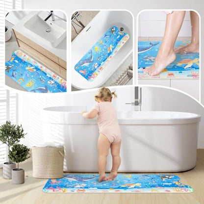 SHUCHING Baby Bath Mat for Tub Non Slip-40x16 Inch, Blue Ocean Animal | Bathtub Mat for Kids & Toddler Mold Free, Long Shower Mat for Inside Shower with Suction Cup, Machine Washable - color: Marine Animal