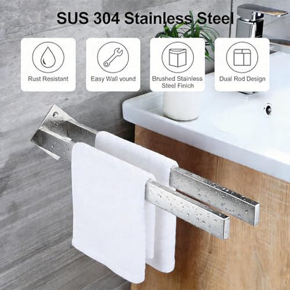 Double Rod Towel Bar 16 Inch, SUS304 Stainless Steel Wall Mounted Towel Holder, Bathroom Kitchen Double Layer Towel Rail, Modern Design Square Wall Towel Rack for Bathroom, Kitchen Brushed Nickel - color: Brushed Nickel