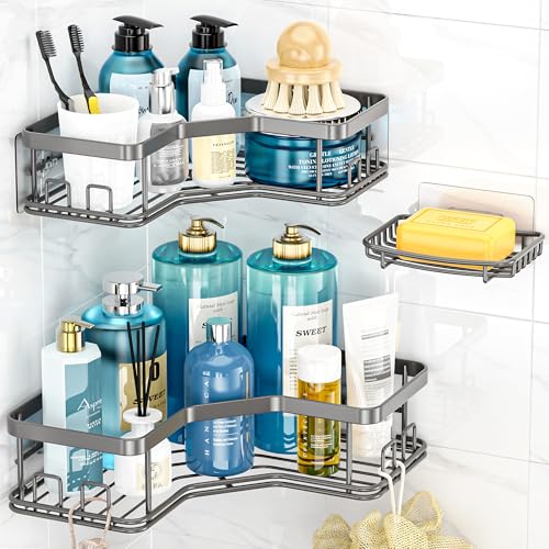 MAXIFFE 3 Pack Corner Shower Caddy with Soap Holder, Large Capacity Sturdy Easy Install No Drilling Stainless Steel Hold 40 LBS Shower Organizer Shelves Rack Storage for Family Renters Bathroom, Grey - color: Grey L