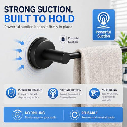 Adjustable Suction Cup Towel Bar, 11.3-22.17 Inch Matte Black | No-Drill Stainless Steel Design, Reusable Suction Mount, for Smooth Tile, Glass, Mirror, Metal and Plastic - color: Matte Black