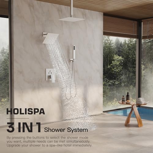 Shower System, All Metal Dual Rain Shower Head with Handheld | 3-In-1 Push Button Valve and Trim Kit, Brushed Nickel SUS304 10" Ceiling & 8" Wall Mount Heads, Bathroom Shower Faucet Set - color: Brushed Nickel
