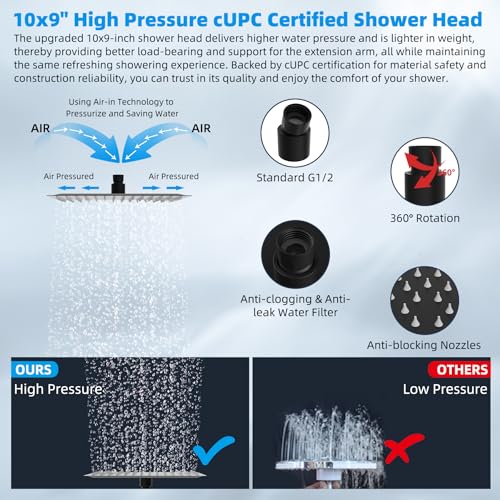 Hibbent All Metal 10'' Rain Shower Head, 16'' Extension Arm, Matte Black | cUPC Certified High Pressure Rainfall Showerhead with Solid Brass Adjustable Shower Head Extension Arm, Fixed Showerheads - color: Matte Black, style: Square 10''