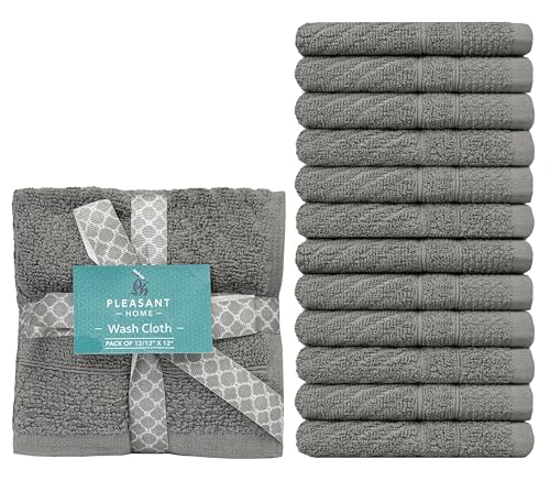 PH Pleasant Home Diagonal Wash Cloths Set - 12 Pack (12” x 12”) – 509 GSM - 100% Ring Spun Cotton Wash Cloth - Super Soft and Highly Absorbent Face Towels (Dark Grey) - color: Dark Grey, style: Diagonal