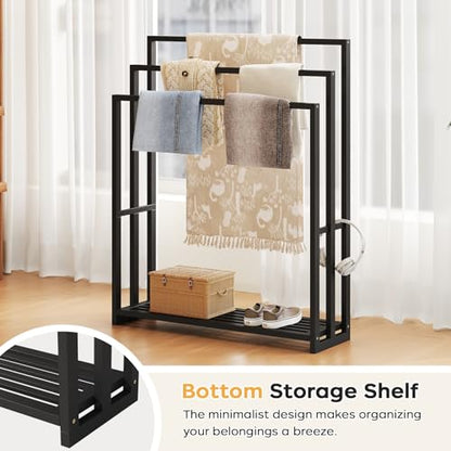Freestanding Towel Rack, 3 Tier Wide Bamboo Stand with Shelf for Bathroom | 31.5"W × 9.4"D × 39.4"H • Black • Waterproof • Blanket rack • Blanket holder • Ventilated • Bottom shelf • Anti-tip - color: Black