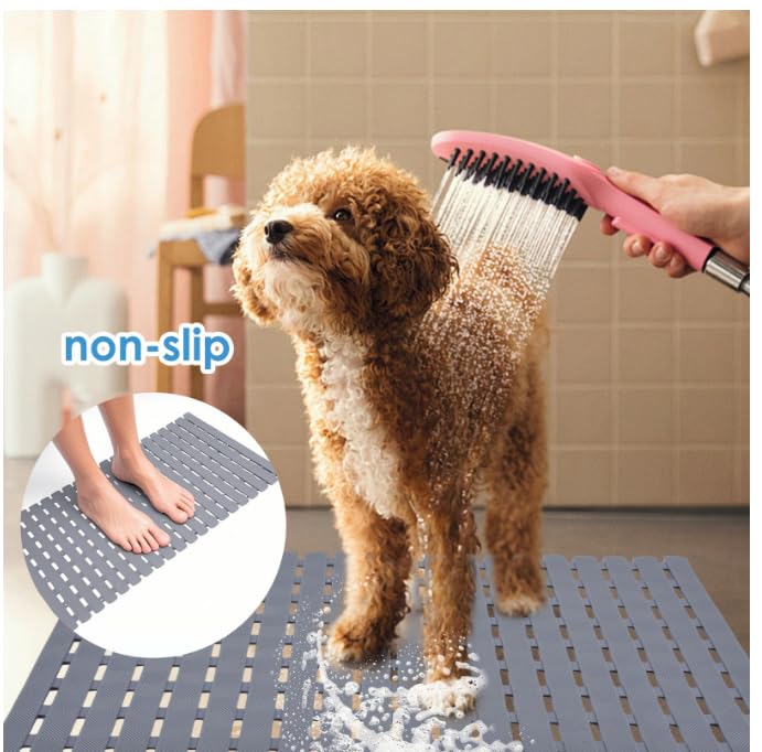 Bathtub Shower Mat, Pet Dog Bathing Non-Slip Mat, Dog Bath mat for tub, Quick Drain Bathtub Mat with Suction Cups & Drain Holes for Bathroom, 27.1x15.7 Inch - color: Grey