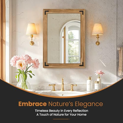Wood Framed Bathroom Vanity Mirror for Wall, 20"x28" Farmhouse Mirror | Solid Wood Frame, HD Shatterproof Glass, Vertical/Horizontal Hanging, Ideal for Bathroom, Living Room, Bedroom - size: 28"L x 20"W