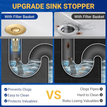 Bathroom Sink Drain Strainer, Pop-Up Bathroom Sink Stopper with Removable Stainless Steel Hair Catcher Basket, Universal Fit for US Bathroom Sinks, Showers & Floor Drains (2pcs-Gold) - color: 2pcs-gold