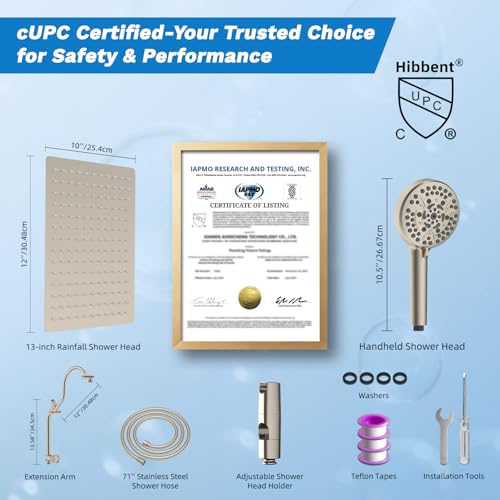 Hibbent High Pressue All Metal 12" Rainfall Shower Head, Handheld 10-Spray | cUPC Certified Brushed Nickel Dual Showerhead Combo, 4-way Diverter with Pause Mode, Brass Extension Arm, 71'' Hose & Holder - color: Brushed Nickel, style: Square 12"