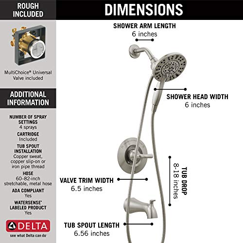Delta Arvo 14 Series Brushed Nickel Bathtub Shower Faucet Set with In2ition 2-in-1 Dual Shower Head with Handheld Spray Combo, Valve Trim Kit, Spotshield Stainless 144840-SP-I (Valve Included) - color: Spotshield Brushed Nickel