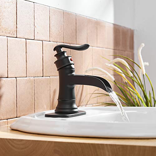 BWE Matte Black Waterfall Bathroom Faucet, Solid Brass, 1.2 GPM | Waterfall Spout, Ceramic Cartridge, California-Compliant, Fits 1 or 3-Hole Sinks, Handware Included, Single Handle - color: Black