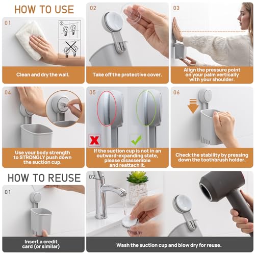 LEVERLOC Powerful Suction Toothbrush Holder 2 Pack, Removable Drill-Free Wall Shower Holder for Toothbrush, Toothpaste, Razor, Self-draining Suction Cup in Shower, Kitchen Tableware Organizer, Gray - color: 2 Holders, Gray
