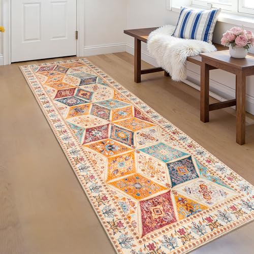 Moroccan Vintage Distressed Boho Geometric Cream 2x6 Runner Rug | Patchwork Washable Non Slip Throw Floor Long Carpet Runner for Hallway Entryway Kitchen Bathroom Bedroom Livingroom Rug - color: Cream, size: 2' x 6' (Rectangular)