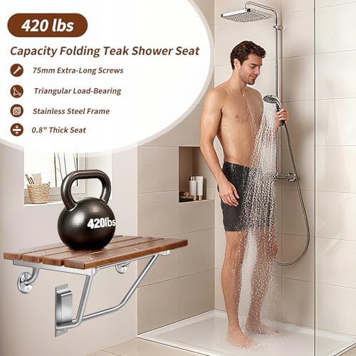 𝙐𝙥𝙜𝙧𝙖𝙙𝙚 18 Inch Teak Folding Shower Seat Wall Mounted, 420 Lbs Capacity Sturdy Shower Bench with 316 Stainless Steel Frame & Finish Caps, Narrow Bathroom Space Saving Teak Wood Shower Chair - size: 18 inch