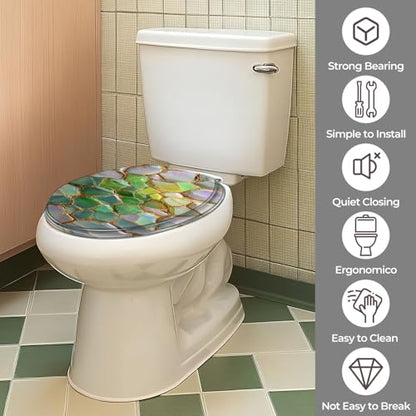 Round Resin Toilet Seat, Quietly Close Quick Release Hinges Cover | Toilet Lid Cover Easy to Clean and Install, Elegant Geometric Mosaic Shimmering Iridescent Leaves Heavy Duty Toilet Seat - color: pattern5, size: O-shape