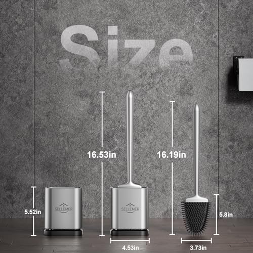 Silicone Toilet Brush, Ventilation Slots Base Holder 1 Pack Silver | Flexible Bristles Flat Head for Rim, Hair Tangle-Free, Easy to Clean, Compact Design, Rustproof Handle, for Toilet/Sink/Tub - color: Silver-1pcs