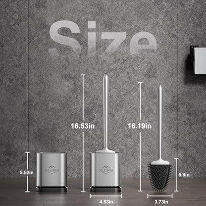 Silicone Toilet Brush, Ventilation Slots Base Holder 1 Pack Silver | Flexible Bristles Flat Head for Rim, Hair Tangle-Free, Easy to Clean, Compact Design, Rustproof Handle, for Toilet/Sink/Tub - color: Silver-1pcs