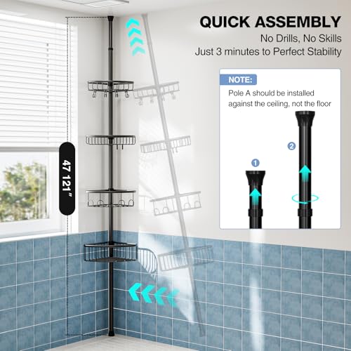 Corner Shower Caddy Tension Pole: Stainless Steel Rustproof 4-Tier Shower Organizer - 47-121 inch Adjustable Bathroom Shelves for Bathtub Shampoo Storage - Tension Rod Floor Standing Bath Rack - Black - style: A Style-Black