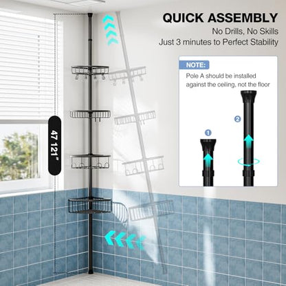Corner Shower Caddy Tension Pole: Stainless Steel Rustproof 4-Tier Shower Organizer - 47-121 inch Adjustable Bathroom Shelves for Bathtub Shampoo Storage - Tension Rod Floor Standing Bath Rack - Black - style: A Style-Black