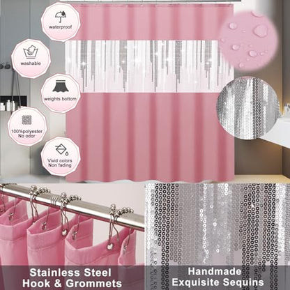 Pink Bathroom Accessories Set with Glitter Shower Curtain and Rugs,Bathroom Sets with Extra Soft and Absorbent Bath Rugs Sequin Shower Curtain Pink Bathroom Sets for Bath Decor - size: Bath Set+Shower Curtain+Bath Rugs, style: Pink1
