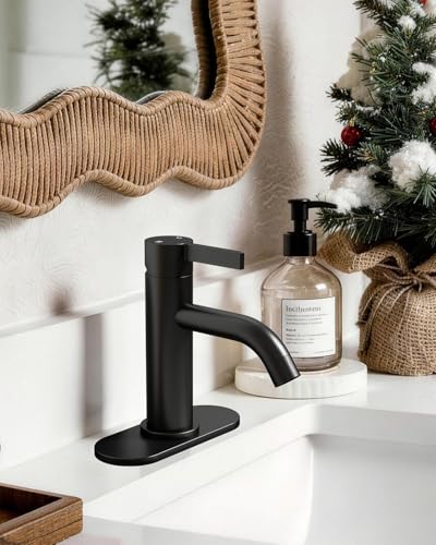 Matte Black Bathroom Faucet Single Hole with Pop-Up Bathroom Drain and Flexible Hoses Single Handle Bathroom Sink Faucet w/Deck Plate(1 or 3 Hole) for Vanity Sinks, RV, Farmhouse - color: Matte Black