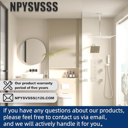 Thermostatic Shower System Dual Shower Heads with 16" Ceiling Mounted Rain Shower Head & 6" Wall Mounted Head 4 Function Full Body Shower System with body jets Can All Run Together, Chrome - color: Polished Chrome, style: 16 inch +6 jets