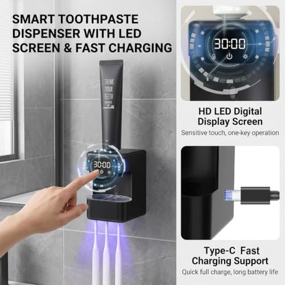 Wall-Mounted Automatic Toothpaste Dispenser, Toothbrush Cleaner with Sensor-Activated Design, Toothbrush Holder with Removable Slots & Smart Display, Toothpaste Dispenser for Kids & Adult (Black2.0) - color: Black2.0