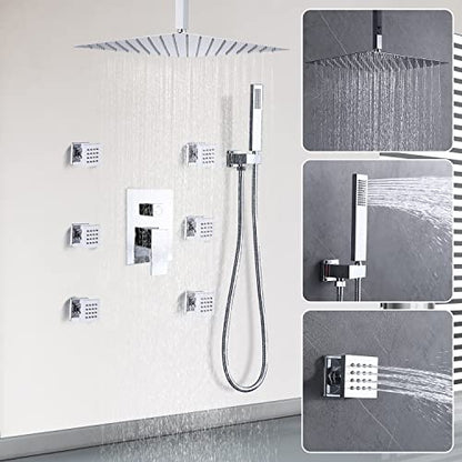Enga Shower Body Jet System 12 Inch Ceiling Mounted Rainfall Shower Head with 6 Body Sprays and Handshower, Brass Shower Faucet Rough-in Mixer Valve, Chrome - color: Chrome, style: Ceiling Mount - 6 Jets