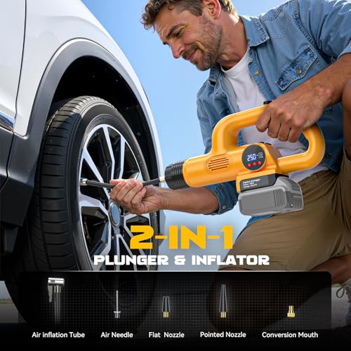 Ecarke 2-in-1 Electric Toilet Drain Unclogger & Air Pump – Compatible with DeWalt 20V Battery (Tool Only), LCD Digital Pressure Display, 5 Attachments for Sink, Shower & Outdoor Inflation (Tool Only)