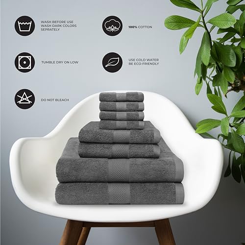 Ocean Towel Set for Bathroom 100% Luxury Cotton Bath Towels Set of 8 (2 Bath Towel and 2 Hand Towel Set & 4 Wash Cloth) - Grey Soft Towels Bathroom Set 600 GSM Double Stitched for Durability - color: Grey