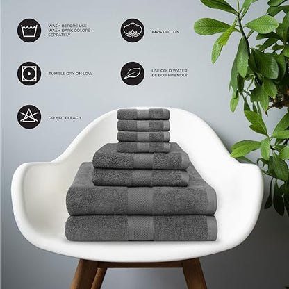 Ocean Towel Set for Bathroom 100% Luxury Cotton Bath Towels Set of 8 (2 Bath Towel and 2 Hand Towel Set & 4 Wash Cloth) - Grey Soft Towels Bathroom Set 600 GSM Double Stitched for Durability - color: Grey