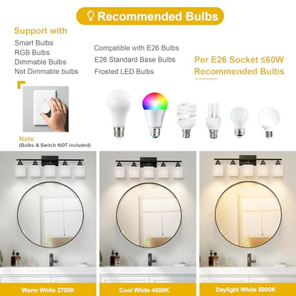5-Light Bathroom Light Fixtures Over Mirror, Matte Black Vanity Lights, Modern Bathroom Vanity Light, Glass Shade & Anti-Rust Nickel Finished, Bathroom Light for Small Space - color: Black-5 Light
