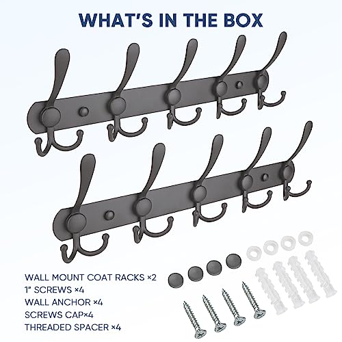 TICONN Wall Mounted Coat Rack, Five Heavy Duty Tri Hooks All Metal Construction for Jacket Coat Hat in Mudroom Entryway (Space Gray, 2-Pack) - color: Space Gray