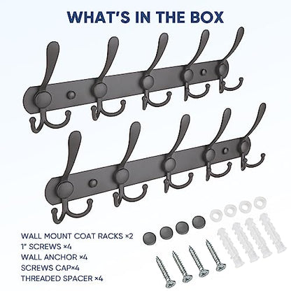 TICONN Wall Mounted Coat Rack, Five Heavy Duty Tri Hooks All Metal Construction for Jacket Coat Hat in Mudroom Entryway (Space Gray, 2-Pack) - color: Space Gray