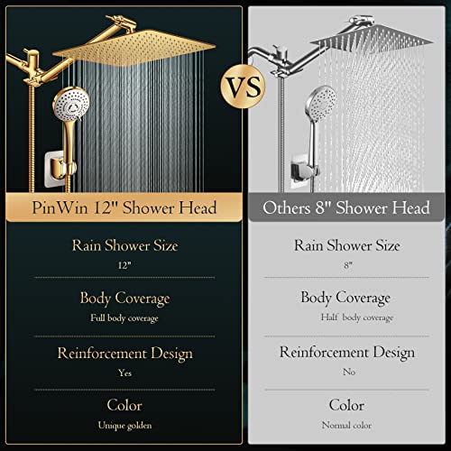 Shower Head,12'' Rain Shower Head with 11'' Extension Arm,Brushed Gold | 5 Settings High Pressure Handheld Shower Head Combo,Adjustable Powerful Shower Spray Against Low Pressure Water - color: Gold, size: 12" Showerhead Set