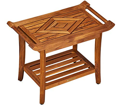 Teak Shower Bench Stool Seat, w/Leveling Feet, Waterproof, Teak Oil Finish | Xtra-Comfortable, 25” Wide 19” Tall 14” Deep, for Indoor/Outdoor Shower, Front Entrance, Spa, Sauna, Pool Deck, Patio, Garden