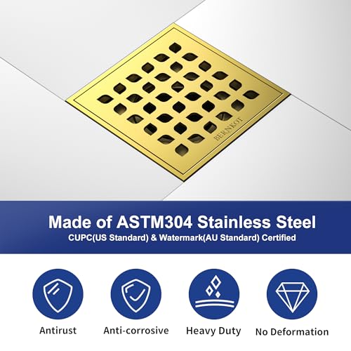 Square Shower Drain w/PVC Bonding Flange Base, 4" Gold | 304 Stainless Steel Drain w/ Drain Key for Low Profile Shower Tiles, CUPC Certified - color: Polished Gold4"