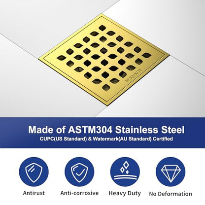 Square Shower Drain w/PVC Bonding Flange Base, 4" Gold | 304 Stainless Steel Drain w/ Drain Key for Low Profile Shower Tiles, CUPC Certified - color: Polished Gold4"