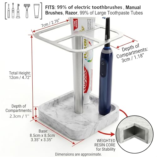 Stainless Toothbrush Holder，3-Slot Design with Resin Marble Base | White Silver Collection: Stainless Steel Electric Toothbrush Holder – Rustproof Vanity Organizer & Space-Saving Caddy - color: White Silver