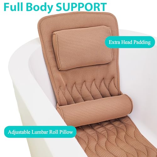 AEROiVi Full Body Bath Pillow Adjustable Lumbar Pillow 14 Suction Cup Brown | Relaxing Soft Bathtub Cushion with laundry bag 3D Air Mesh Fit Any Tub Bathroom Accessories Washable Quick-Dry - size: 50 inch Brown