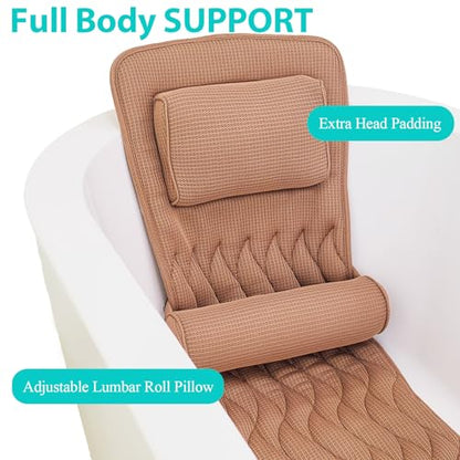 AEROiVi Full Body Bath Pillow Adjustable Lumbar Pillow 14 Suction Cup Brown | Relaxing Soft Bathtub Cushion with laundry bag 3D Air Mesh Fit Any Tub Bathroom Accessories Washable Quick-Dry - size: 50 inch Brown