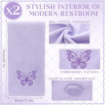 SmoothNovelty 2 Pcs Butterfly Hand Towels Light Purple Bathroom Decor 14x29 Inch Embroidered 100% Cotton Soft Absorbent Spring Summer Washcloths Decorative Hand Towels for Bathroom Kitchen - style: Butterfly