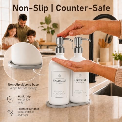 Fachixy White Glass Soap Dispenser 2 Pack, 16 Fl Oz, 14 Waterproof Labels | Leak-Resistant Stainless Steel Pump, Non-Slip Pad, Hand & Dish Soap Dispenser Bottles Set for Kitchen and Bathroom - color: Off-white
