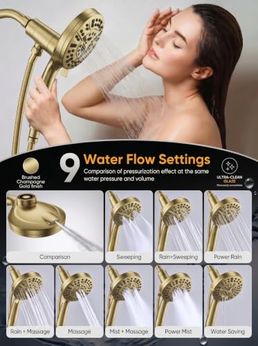 High Pressure Handheld Shower Head Brushed Gold- Anti-clog Nozzles, Built-in Power Wash to Clean Tub, Wall & Overhead Brackets,Magnetitc Rainfall Showerhead with handheld - color: Brushed Gold