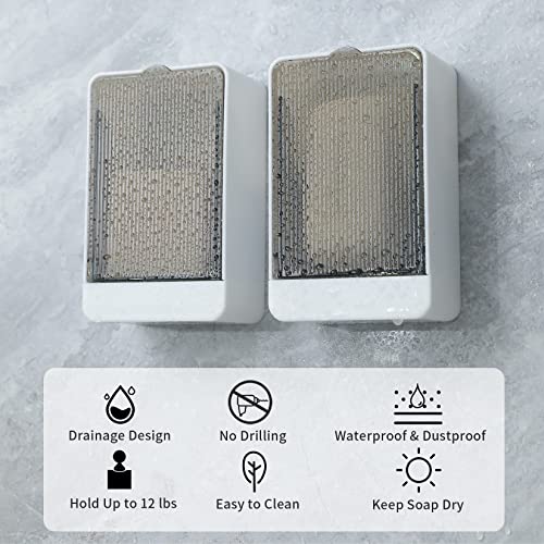 Bar Soap Holder Dish Shower 2 PCS Self Draining Soap Container with Lid, Wall Mounted Soap Box Tray for Bathroom Bathtub Sink, Waterproof White, Adhesive Include (White) - color: White