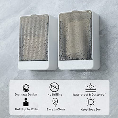 Bar Soap Holder Dish Shower 2 PCS Self Draining Soap Container with Lid, Wall Mounted Soap Box Tray for Bathroom Bathtub Sink, Waterproof White, Adhesive Include (White) - color: White
