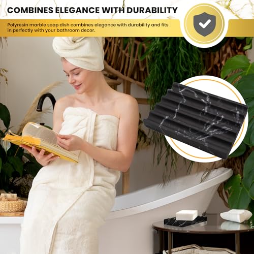 DAYONE Holder with Marble Look - Soap Dish with Soap Saver Ridges Rectangle Bar Soap Holder with Non Slip Feet - Soap Tray for Bathroom, Sink, Kitchen, and SPA (Black) - color: Black
