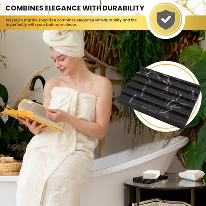 DAYONE Holder with Marble Look - Soap Dish with Soap Saver Ridges Rectangle Bar Soap Holder with Non Slip Feet - Soap Tray for Bathroom, Sink, Kitchen, and SPA (Black) - color: Black