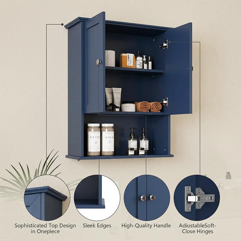 Medicine Cabinet, Over The Toilet Storage Cabinet, 24x30 Inch Wall Mount Bathroom Storage Cabinet with 2 Doors & Adjustable Shelf, Wooden Bathroom Wall Cabinet, Navy Blue - color: Blue
