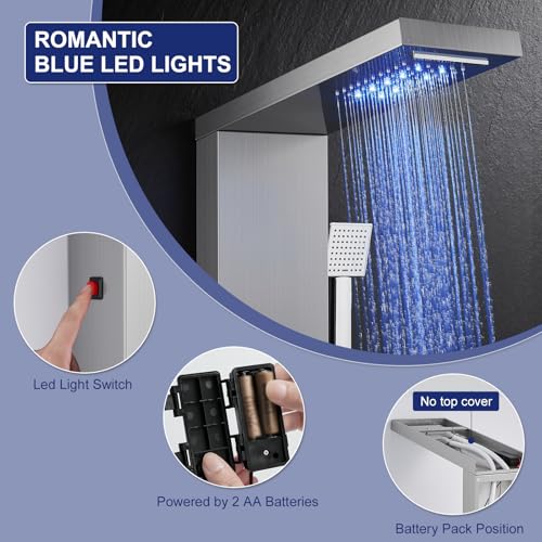 ROVATE 5 in 1 LED Rainfall Waterfall Shower Panel Tower System, Brushed | High Pressure Stainless Steel Shower Column with Tub Spout, Powerful Body Jets, Flexible Handheld, Brass Mixing Valve Body - style: 5 Modes-Brushed-2 Jets